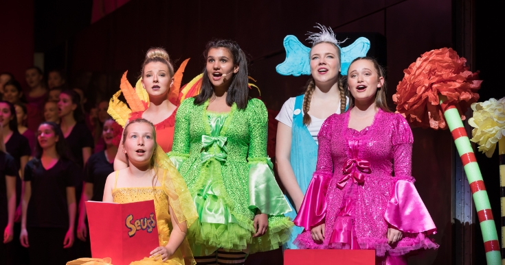 Five girls performing in the Seussical™ KIDS